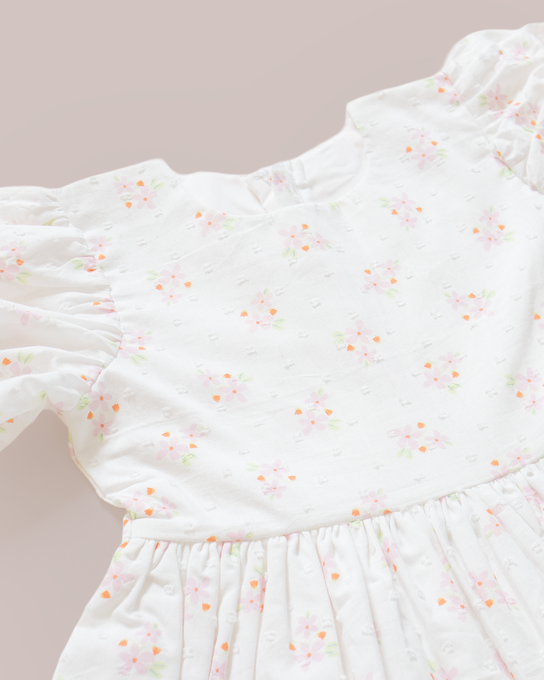 Pearl Cotton Dress for Baby Girls – White Floral Puff Sleeve Dress | MyBud