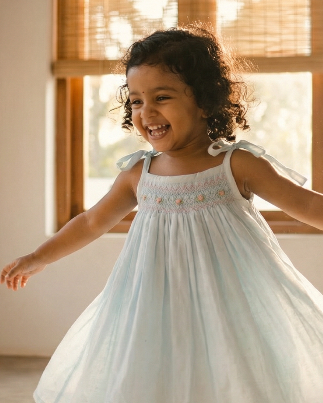 Hand Embroidery Smock Tie-up Dress