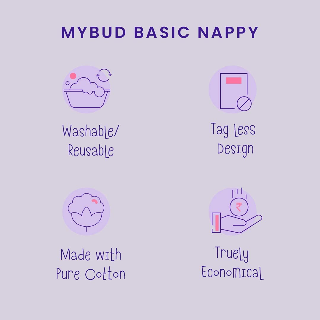 mybud Soft Cotton Nappy, Langot for New Born Baby | Washable & Reusable | White | 5ps Set (0-3 Months)