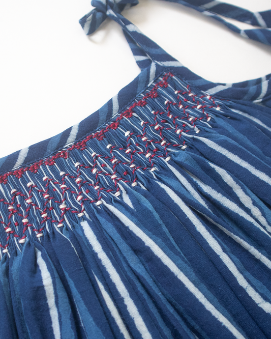 Indigo Blockprint Smock Dress – Hand-Smocked Jaipur Cotton