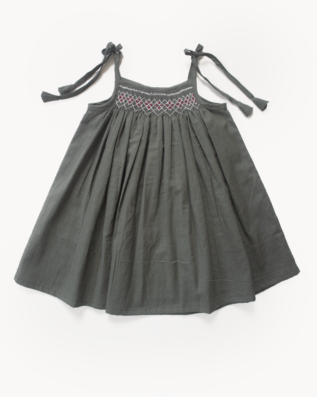 Olive Smock Dress – Hand Embroidered Cotton
