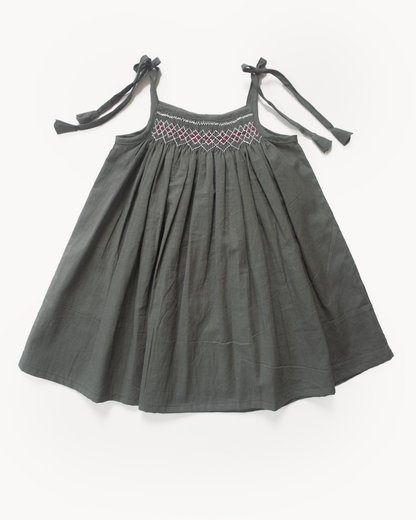 Olive Smock Dress – Hand Embroidered Cotton