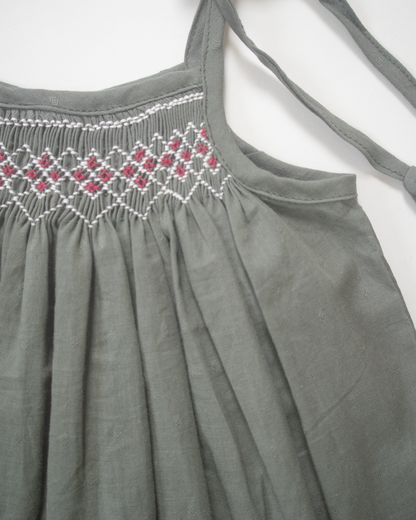 Olive Smock Dress – Hand Embroidered Cotton