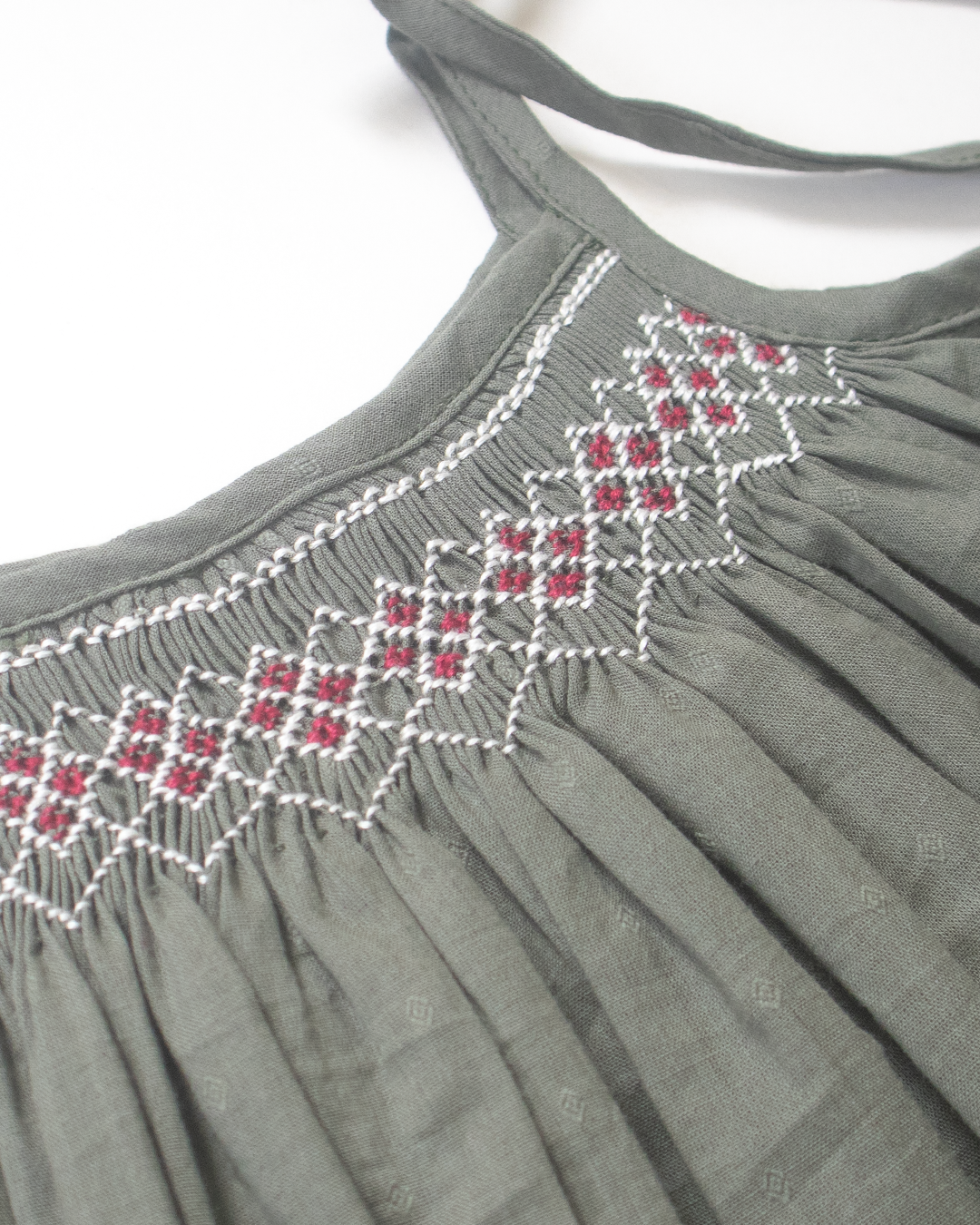 Olive Smock Dress – Hand Embroidered Cotton