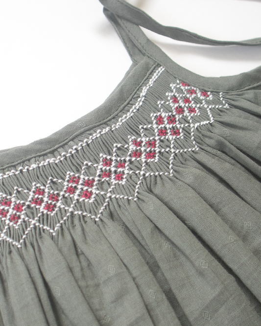 Olive Smock Dress – Hand Embroidered Cotton