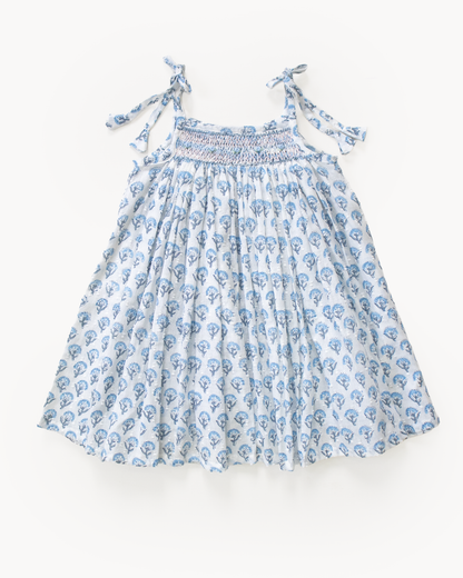 Blue Blockprint Smock Dress – Hand Smocked Jaipur Cotton