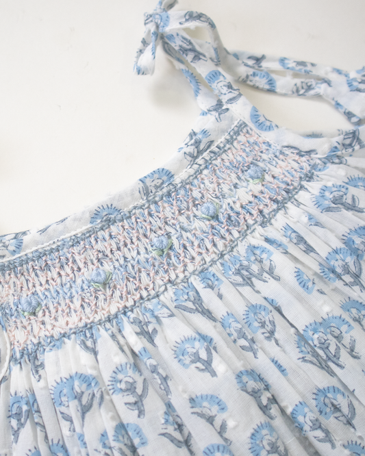 Blue Blockprint Smock Dress – Hand Smocked Jaipur Cotton