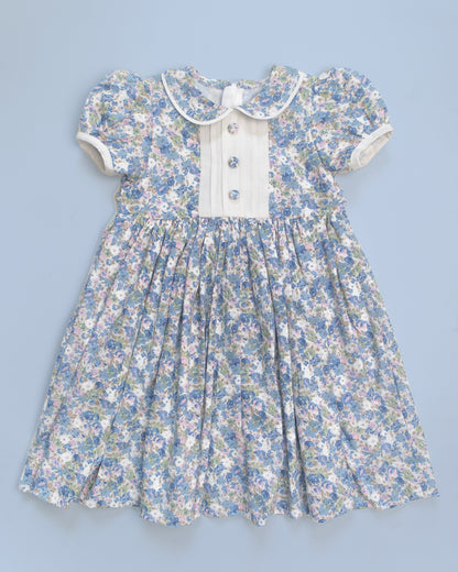 MyBud Willow Grace Dress, royal floral kids dress, handcrafted cotton yoke dress, vintage floral frock, puff sleeve peter pan collar dress, MyBud handmade kidswear, premium cotton kids dress India, heritage-inspired baby girl outfit, timeless handcrafted children’s clothing.