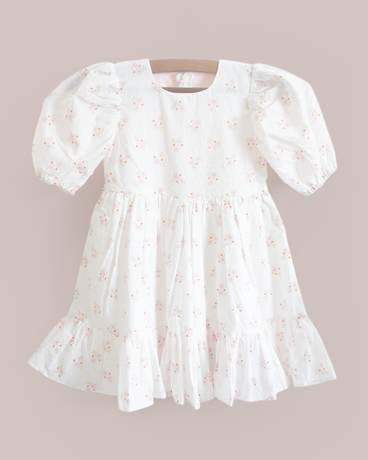 Pearl Cotton Dress for Baby Girls – White Floral Puff Sleeve Dress | MyBud