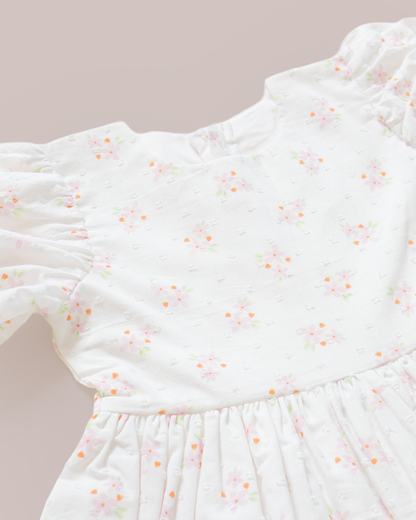 Pearl Cotton Dress for Baby Girls – White Floral Puff Sleeve Dress | MyBud