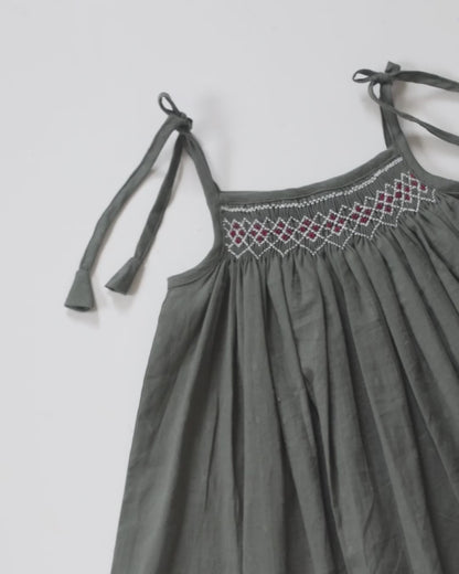 Olive Smock Dress – Hand Embroidered Cotton